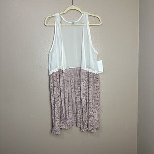 Woman Size Medium Sheer Sleeveless Cardigan Draped Cream Pink Lace Crochet Top
